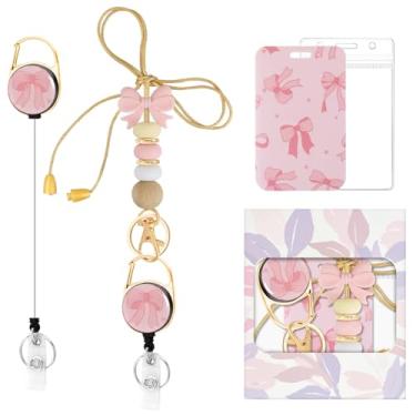 Imagem de Suporte de crachá de identificação colorido com conjunto de cordão de contas de silicone, cordão de professor fofo para chaves e chaveiro com suporte retrátil de carretel de crachá, presente para