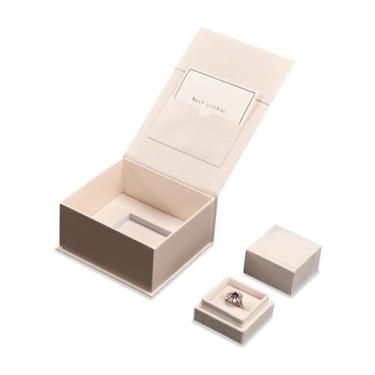 Imagem de Papten Caixa de presente de anel de veludo com caixa de embalagem externa, cartão de felicitações em branco incluído, perfeita para noivado de casamento (branca)