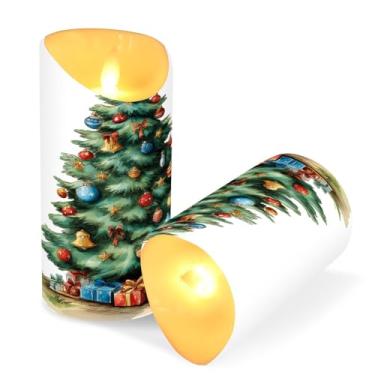 Imagem de ATTX Pacote com 2 velas de árvore de Natal em aquarela – 7,6 cm x 15 cm com controle remoto e temporizador para decoração de casa, casamento, acampamento #483
