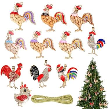 Imagem de 11 peças de enfeites de Natal de galinha divertidos com strass decoração festiva de galinha enfeites de árvore de Natal fofos enfeites de animais de fazenda pendurados presentes, decorações para