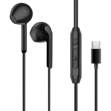 Imagem de Fone de ouvido com fio com controle de volume de microfone para smartphone, compatível com Samsung/Iphone15 16 17/iPad/mesa/laptop (conector tipo C, metade na orelha, preto)