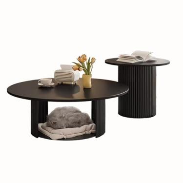 Imagem de Conjunto de 2 mesas de centro redondas de madeira com moldura de metal carbono resistente, mesa lateral de sofá, para sala de estar, quarto, escritório, varanda, madeira natural (preto)