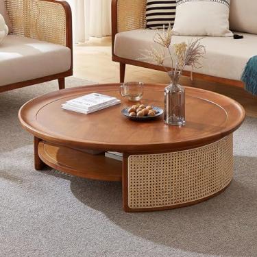 Imagem de Mesa de centro retrô, mesa de centro de fazenda, mesa de centro redonda, mesas de centro de madeira para sala de estar, mesa de centro moderna de vime de meados do século com armazenamento para sala