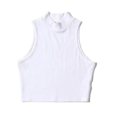 Imagem de Verão preto moda feminina colheita topo gola alta branco sem mangas re