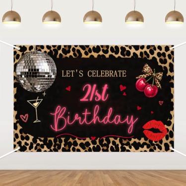 Imagem de Pano de fundo de aniversário de 21 anos com estampa de leopardo, estampa de animal retrô, cereja mista, fundo fotográfico de vinil para festa de aniversário, formatura, chá de bebê, decorações com