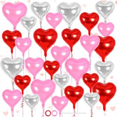 Imagem de 30 balões de coração vermelho, rosa e prata, 3 tamanhos de balões de coração de folha de coração, decorações de festa do dia dos namorados, balões de amor para festa de aniversário, casamento, chá de