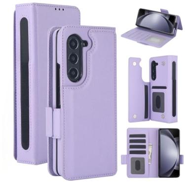 Imagem de Capa carteira para Samsung Galaxy Z Fold 7, 6 porta-cartões de crédito e S-Pen, [bloqueio RFID] Fecho magnético de couro dobrável com suporte, capa protetora resistente à prova de choque (roxa)