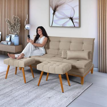 Imagem de Sofá Cama Mob Suede Pés em Madeira Reforçado + 2 Banquetas