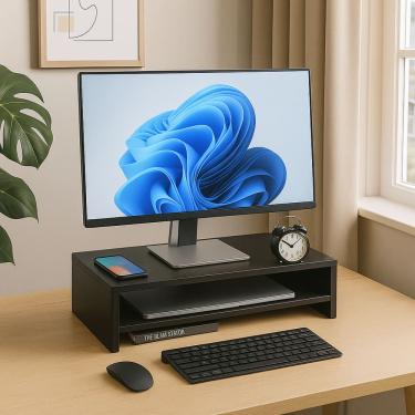 Imagem de Suporte Para Monitor E Notebook Madeira Mdf Preto Ergonômico