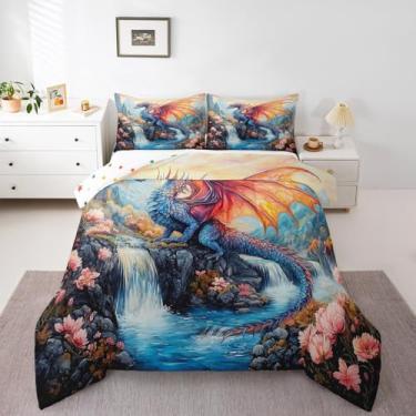 Imagem de Castle Fairy Lindo conjunto de edredom de dragão, tamanho Queen, flores desabrochando, vintage, estilo chinês para todas as estações, conjunto de edredom com paisagem natural de montanha, 3 peças