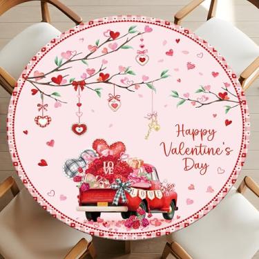 Imagem de Casuru Toalha de mesa redonda com elástico vermelho rosa amor carro toalha de mesa redonda impermeável decoração de dia dos namorados para festa na cozinha serve para 122-132 cm (vermelho, 132 cm