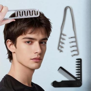 Imagem de Conjunto de pente de cabelo com textura portátil de 2 peças – Escova de dentes largos volumosos masculinos e pentes de cabelo para barba com dois dentes dobráveis 2 em 1, fáceis de limpar para