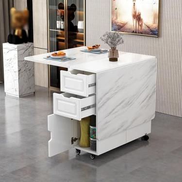 Imagem de ZXLPHA Mesa de jantar dobrável móvel, mesa com 6 rodas e prateleiras de armazenamento, 2 gavetas, mesa expansível multifuncional, mesa de cozinha para espaços pequenos