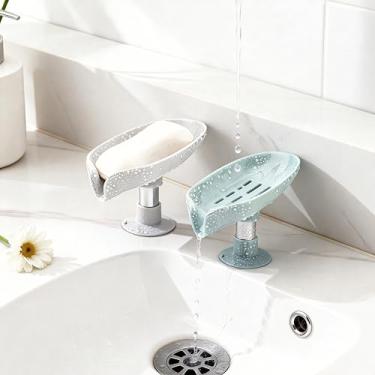 Imagem de Suporte de sabão em forma de folha - Suporte de saboneteira autodrenante, não perfurado, suporte de sabão em barra de limpeza fácil, com ventosa adequado para chuveiro, banheiro, pia de cozinha cinza