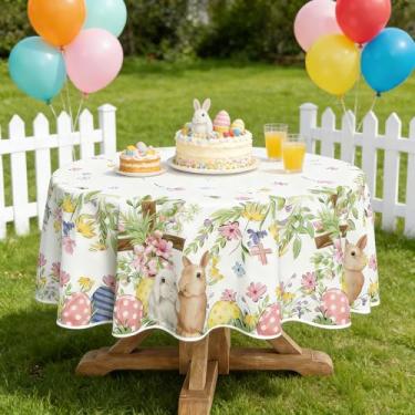 Imagem de Toalha de mesa de Páscoa 152 x 152 cm, design xadrez rosa e floral, decoração de festa de primavera, lavável na máquina, capa de mesa redonda para reuniões de férias