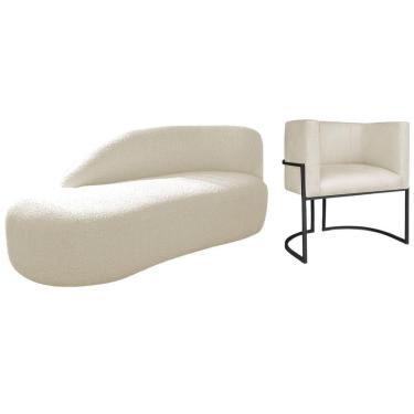 Imagem de Kit Divã Luna 185cm Lado Esquerdo E 01 Poltrona Base De Ferro Preto Linho Bege
