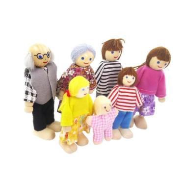 Imagem de Conjunto de bonecas familiares para 7 pessoas em madeira e tecido 1:12