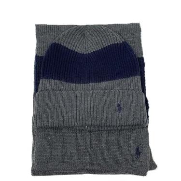 Imagem de Polo Ralph Lauren — Conjunto masculino de 2 peças, chapéu e cachecol, azul marinho/cinza, Navy/Grey, Tamanho �nico