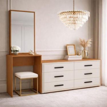 Imagem de Cômoda Valência 6 Gavetas com Espelho Creme/Freijó - Politorno, Bege