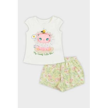 Imagem de Conjunto Menina Roupa Infantil Blusa Estampa Gatinha + Short Delicado 