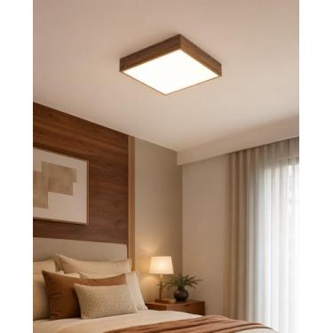 Imagem de Luminária de Madeira Plafon Teto Quadrado Sobrepor 30cm Imbuia para Sala Quarto Cozinha com Acrílico Branco Leitoso