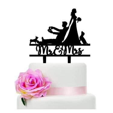 Imagem de YzYbuaego Topo de bolo de casamento Mr & Mrs, console de jogos engraçado com topo de bolo de casamento para cães - para chá de panela ou aniversário (jogo com cachorro)