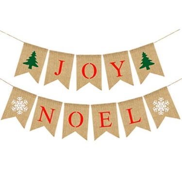 Imagem de Amosfun 1 conjunto de faixas de Natal Joy Noel Banner Christmas Holiday Burlap Banner Decorações rústicas de Natal Decoração de guirlanda para festas