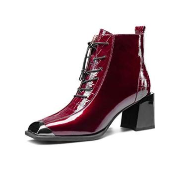 Imagem de TinaCus Botas femininas de couro envernizado feitas à mão com bico quadrado e salto grosso médio com zíper lateral com faixa, Borgonha, 9