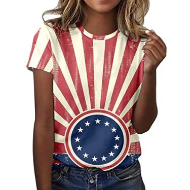 Imagem de Camisetas femininas vermelhas brancas e azuis listradas com estrelas dos EUA, jeans com bandeira americana, camisetas femininas do Dia da Independência, Vermelho, GG