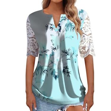 Imagem de Lainuyoah Camisetas casuais femininas de manga 3/4 da moda Y2K renda patchwork gola V túnica verão estampa floral camiseta manga renda, A - azul-claro, 3G