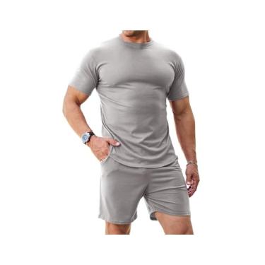 Imagem de Uni Clau Conjunto de 2 peças masculinas, conjunto de camisetas de manga curta com cordão, conjunto de agasalho atlético para jogging, Cinza, M