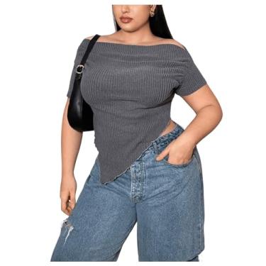 Imagem de OYOANGLE Camiseta feminina plus size ombro de fora manga curta malha canelada bainha assimétrica, Cinza, 4G Plus Size