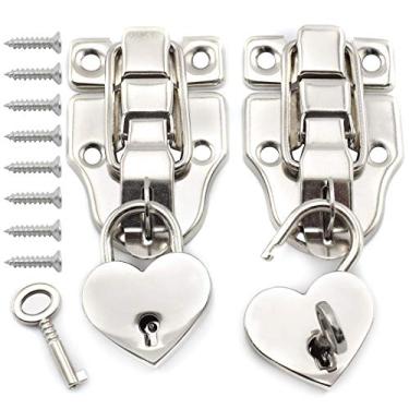 Imagem de SDTC Tech Kit de trava de ferrolho de bico de pato antigo e cadeado em forma de coração com parafusos correspondentes para caixa de joias caixa de joias baús de madeira decoração de móveis - prata (2