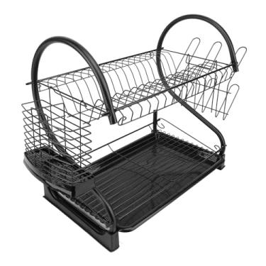 Imagem de Rack de secagem de pratos grande, Escorredor de pratos de ferro de 2 camadas com tábua de drenagem, Secador de pratos organizador de armazenamento com suporte para utensílios