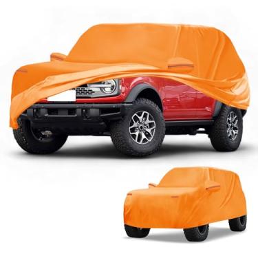 Imagem de Partuto Capa de carro à prova d'água para todos os climas, automotiva, externa, anti-UV, proteção contra chuva e sol, cobertura externa completa para Ford Bronco 4DR 210D-PU laranja com tiras
