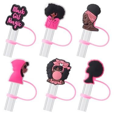 Imagem de 6 peças de tampa de palha preta para acessórios de copo Stanley, topo de canudo rosa fofo de 10 mm para copo Stanley de 1,134 g, 850 g, pontas de canudo reutilizáveis à prova de poeira, presentes para