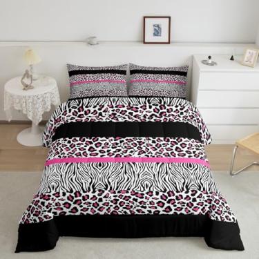 Imagem de Feelyou Conjunto de edredom queen de leopardo rosa, estampa de zebra, rosa e preto, 3 peças