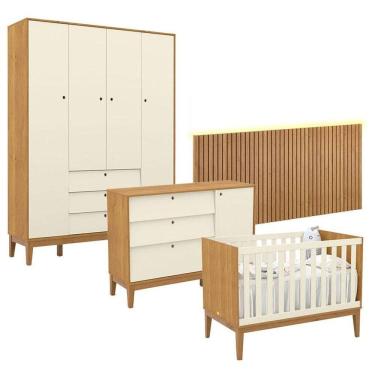 Imagem de Quarto de Bebê Unique 4 Portas com Cômoda Sapateira e Painel Ripado com Led Freijó Off White Eco Wood - Matic