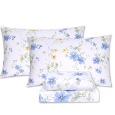 Imagem de Jogo de lençol solteiro de algodão, floral, azul, branco, amarelo, com bolsos profundos, 40,6 cm, cama extralonga para dormitório universitário, 3 peças, estampa percal botânica, país francês
