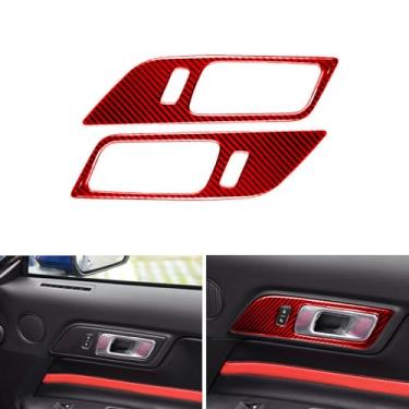 Imagem de PJFUS Adesivo de decoração de painel de puxador de porta interna de carro de fibra de carbono vermelho real com acabamento interior automotivo compatível com acessórios Ford Mustang 2015 2016 2017