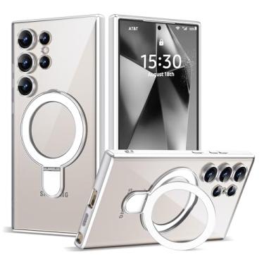 Imagem de ETPESOK Compatível com Samsung Galaxy S24 Ultra Plating Clear Phone Case Silver | com suporte de anel magnético, compatível com Mag-Safe, protetor de lente de câmera completo, para S24 Ultra, 6,8