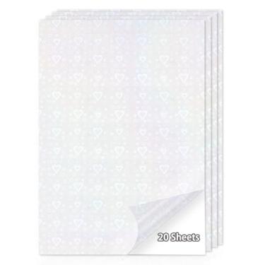 Imagem de Papel adesivo holográfico de 20 folhas, papel adesivo de vinil transparente para impressão de 20 x 28 cm, autoadesivo à prova d'água para impressora a jato de tinta/laser (coração transparente)