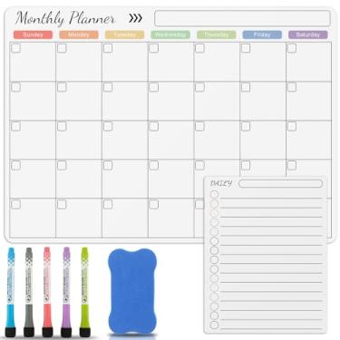Imagem de Calendário magnético apagável a seco para geladeira, quadro planejador mensal reutilizável, quadro branco, organizador de lista de compras magnético antiderrapante com 5 canetas para cozinha doméstica
