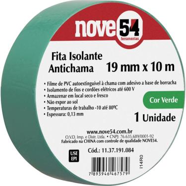 Imagem de Fita isolante pvc 19mmx10m verde anti chama - Nove54