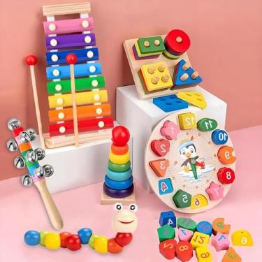Imagem de Conjunto de 6 peças, Brinquedo Sensorial, Brinquedo, Quatro conjuntos de colunas, Xilofone, Relógio digital de contas, Modelo, Sino de mão, Torre do Arco-Íris