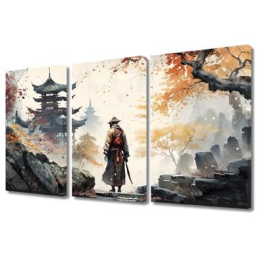 Imagem de Arte de parede em tela Temples in Japan Samurai Japonês para paredes 3 painéis, pôsteres e impressões de paisagem japonesa esticados e emoldurados prontos para pendurar (91 cm L x 61 cm A)