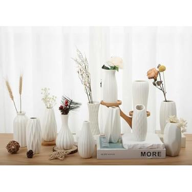 Imagem de BEAHOT Conjunto de 12 vasos de cerâmica Bud - Vasos brancos brilhantes: Mini peça central branca esmaltada exclusiva para flores, casamentos, decoração floral DIY - Estilo de mesa de casa boho e