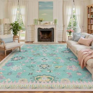 Imagem de Tapetes laváveis 18 x 23 cm – Tapete Oushak moderno vintage floral para sala de estar, antiderrapante, tapete macio lavável na máquina para quarto, sala de jantar, berçário, fazenda (2,8 x 2,5 m