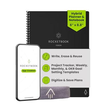 Imagem de Rocketbook Caderno reutilizável Fusion Smart – Calendário, listas de tarefas e páginas de modelo de notas com 1 caneta Pilot Frixion e 1 pano de microfibra incluído – Infinity Black,