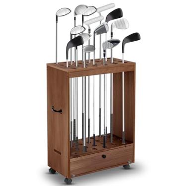 Imagem de Silipull Suporte de taco de golfe de 27 furos organizador de madeira para tacos de golfe com gaveta de armazenamento e roda para garagem simuladora de escritório doméstico interno (nogueira)